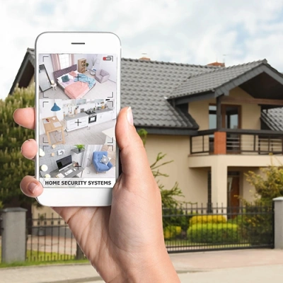 Eau Claire vivint phone display of cctv live feed in front of a house
